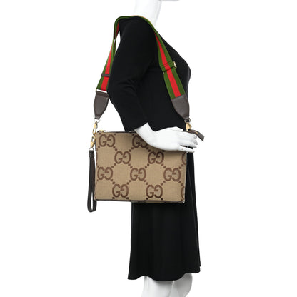 Gucci Monogram Jumbo GG Textured Dollar Calfskin Web Wristlet Messenger Bag Camel Ebony New Acero 2 of 11