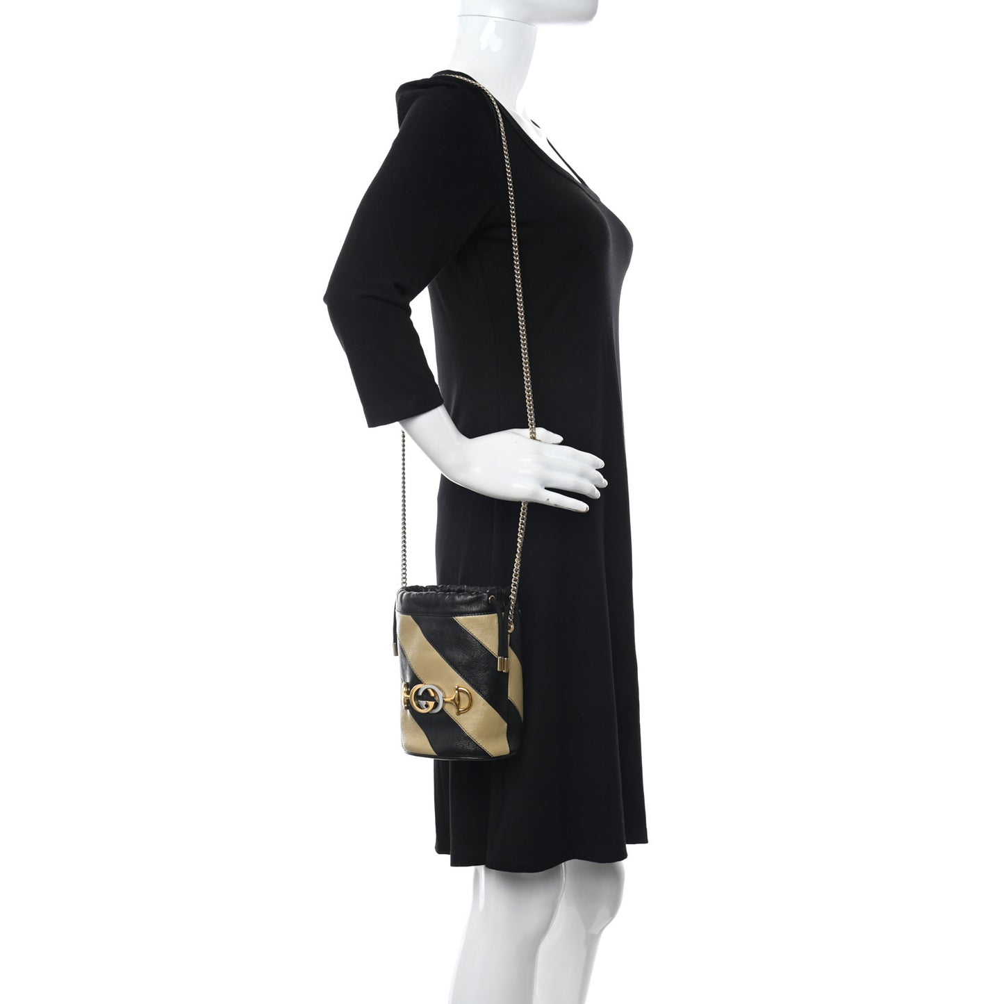 Calfskin Diagonal Striped Mini Zumi Bucket Bag Black Beige