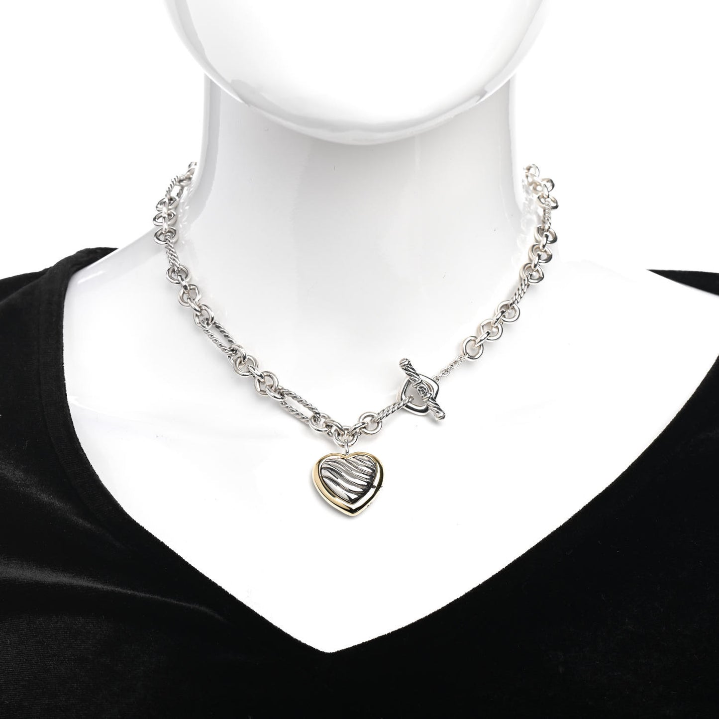 Sterling Silver 18K Yellow Gold Cable Heart Figaro Necklace