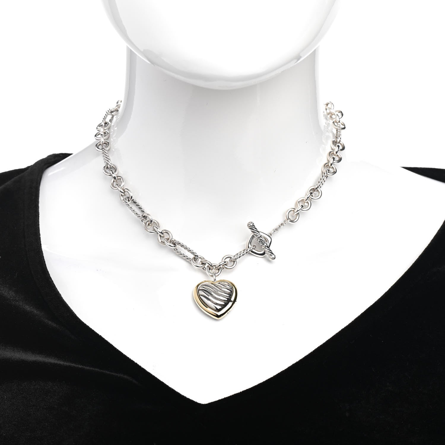David Yurman Sterling Silver 18K Yellow Gold Cable Heart Figaro Necklace 2 of 4