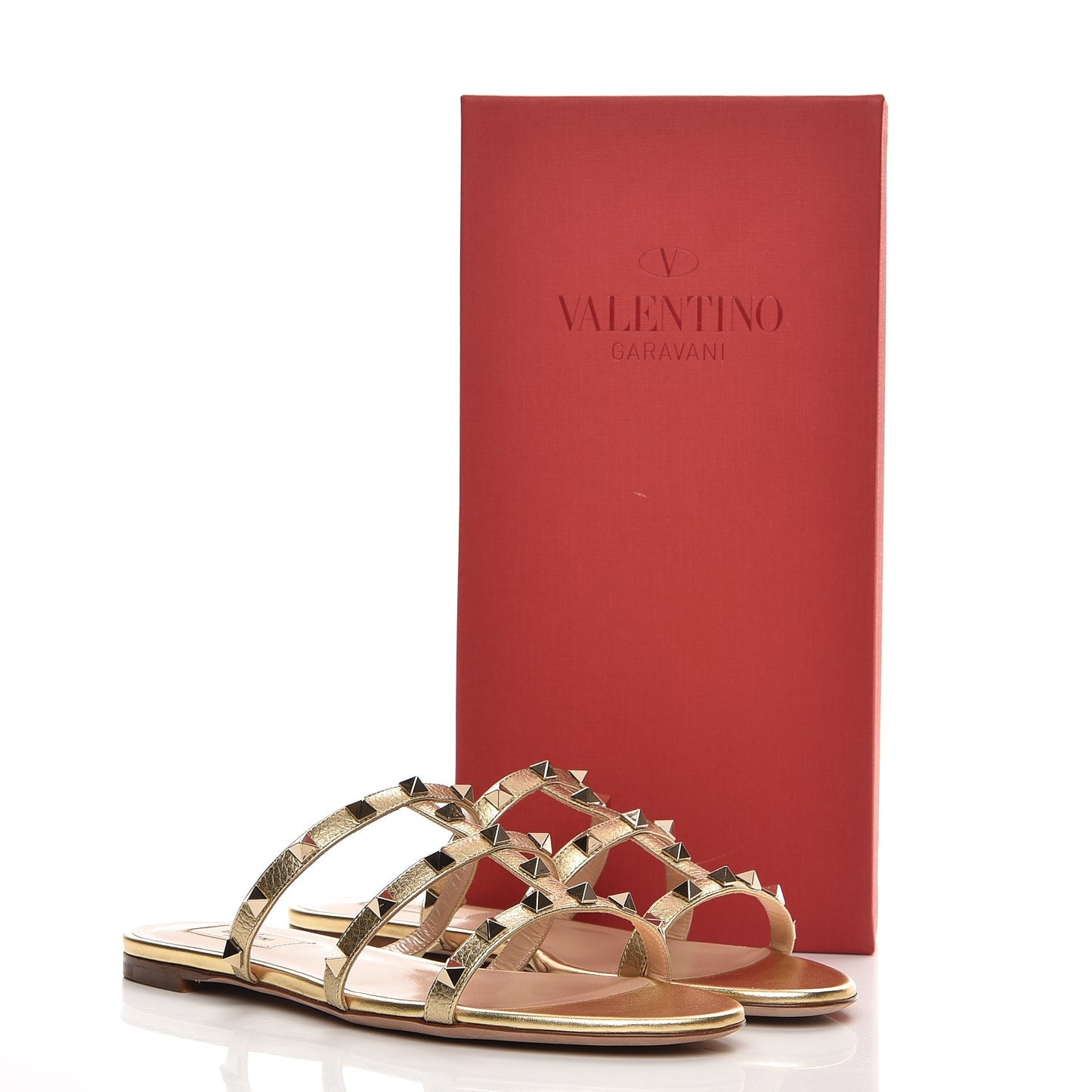 Metallic Grained Calfskin Rockstud Caged Flat Slide Sandals 39.5 Mekong
