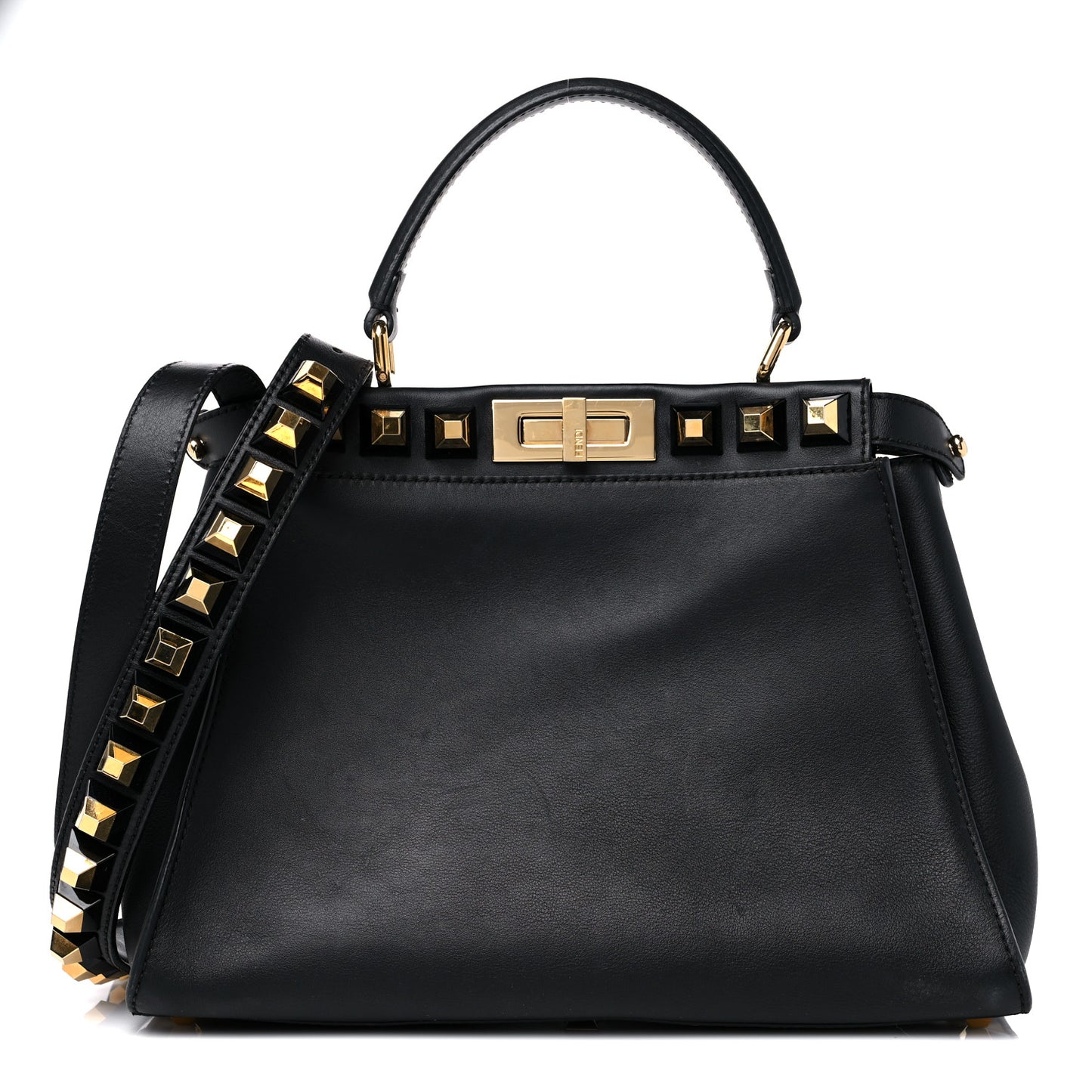 Vitello Seta Gold Studded Medium Peekaboo Iconic Satchel Black