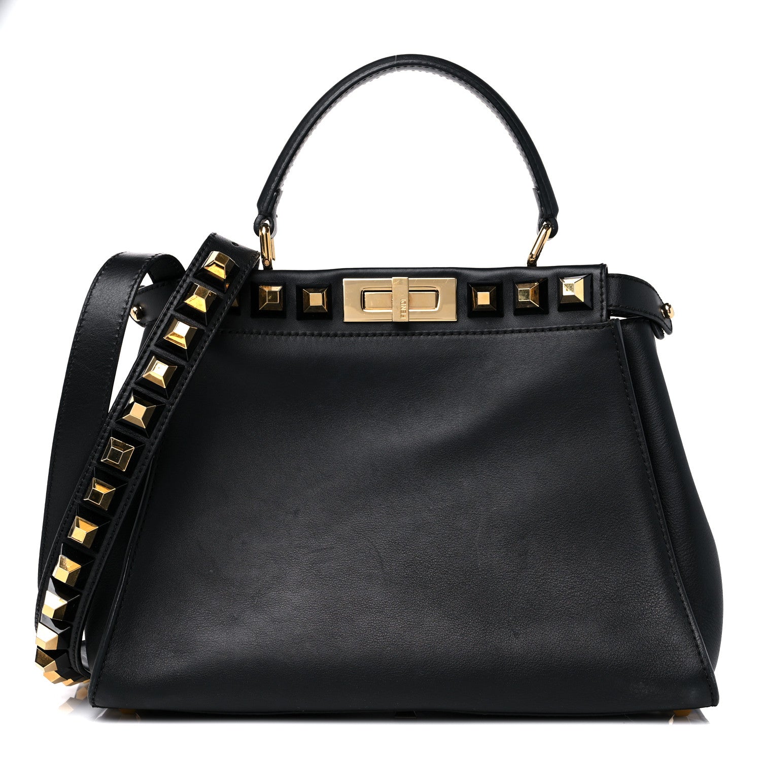 Fendi Vitello Seta Gold Studded Medium Peekaboo Iconic Satchel Black 1 of 17