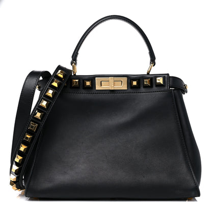 Fendi Vitello Seta Gold Studded Medium Peekaboo Iconic Satchel Black 1 of 17