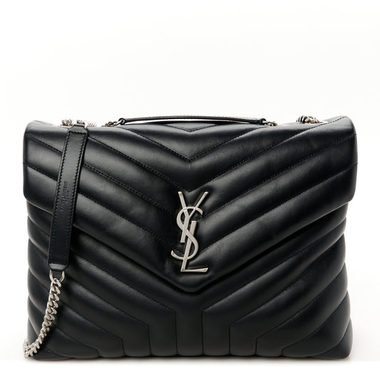 Calfskin Y Quilted Monogram Medium Loulou Chain Satchel Black