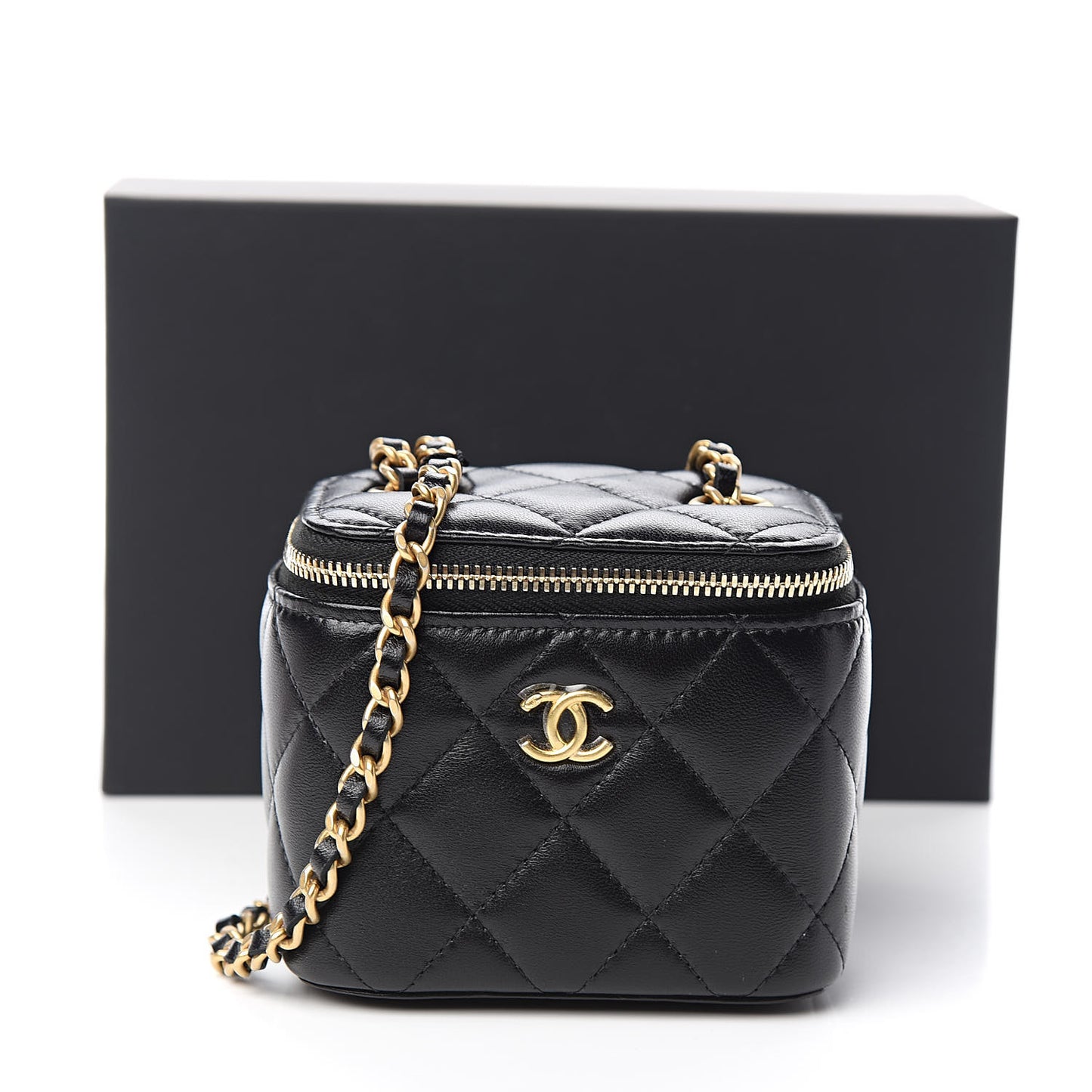 Lambskin Quilted Mini Vanity Case With Chain Black