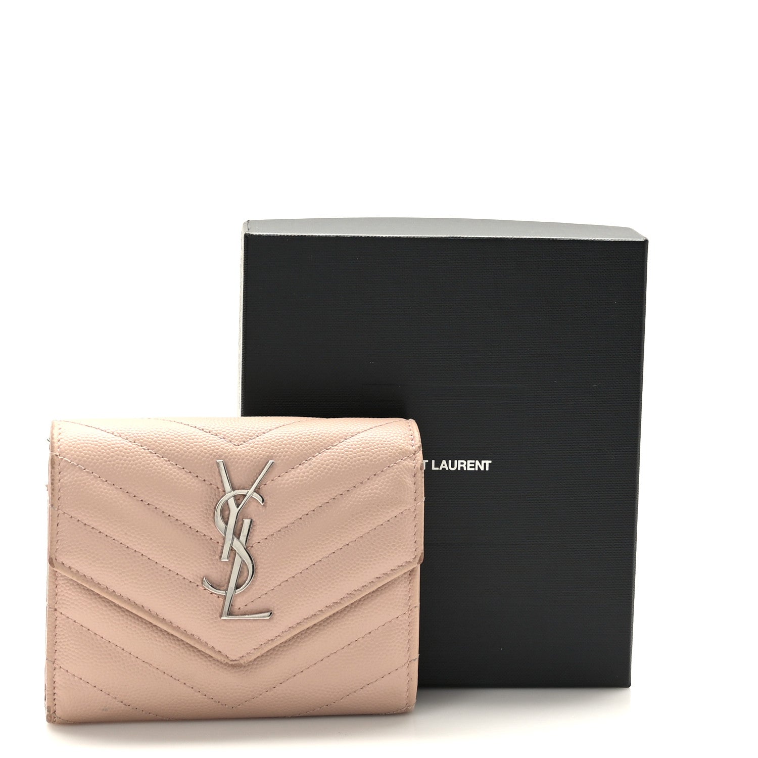 Saint Laurent Grain De Poudre Matelasse Chevron Monogram Compact Tri Fold Wallet Pale Pink 10 of 10