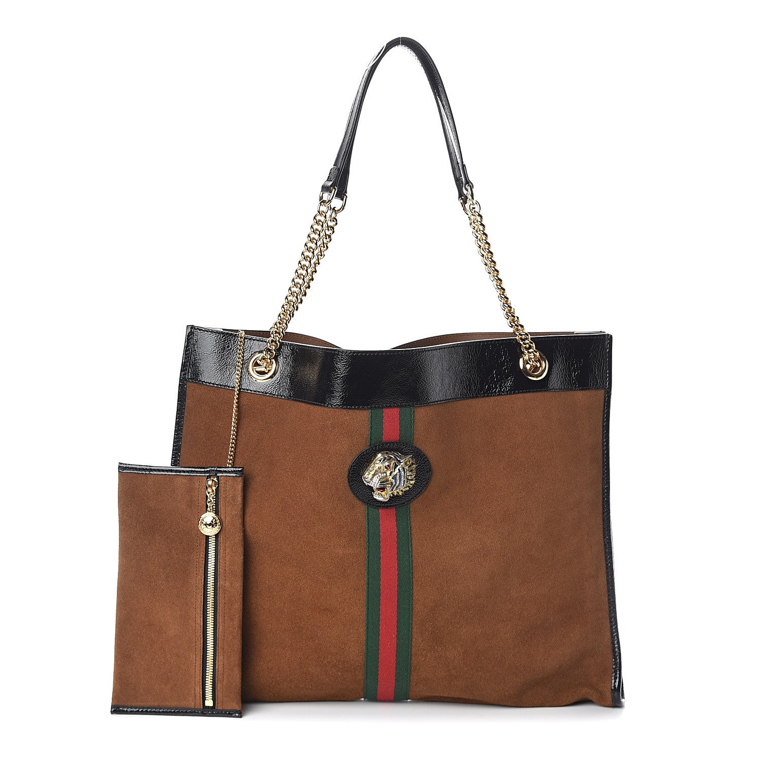 Gucci Suede Patent Large Rajah Chain Tote Nocciola Black 1 of 8