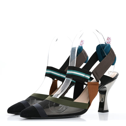 Fendi Technical Mesh Colibri 85mm Slingback Pumps 38 Black Verde Military 4 of 13