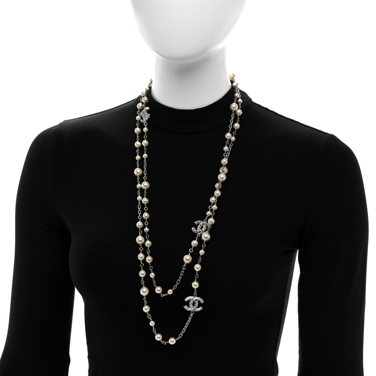 Pearl Baguette Crystal CC Long Necklace Silver