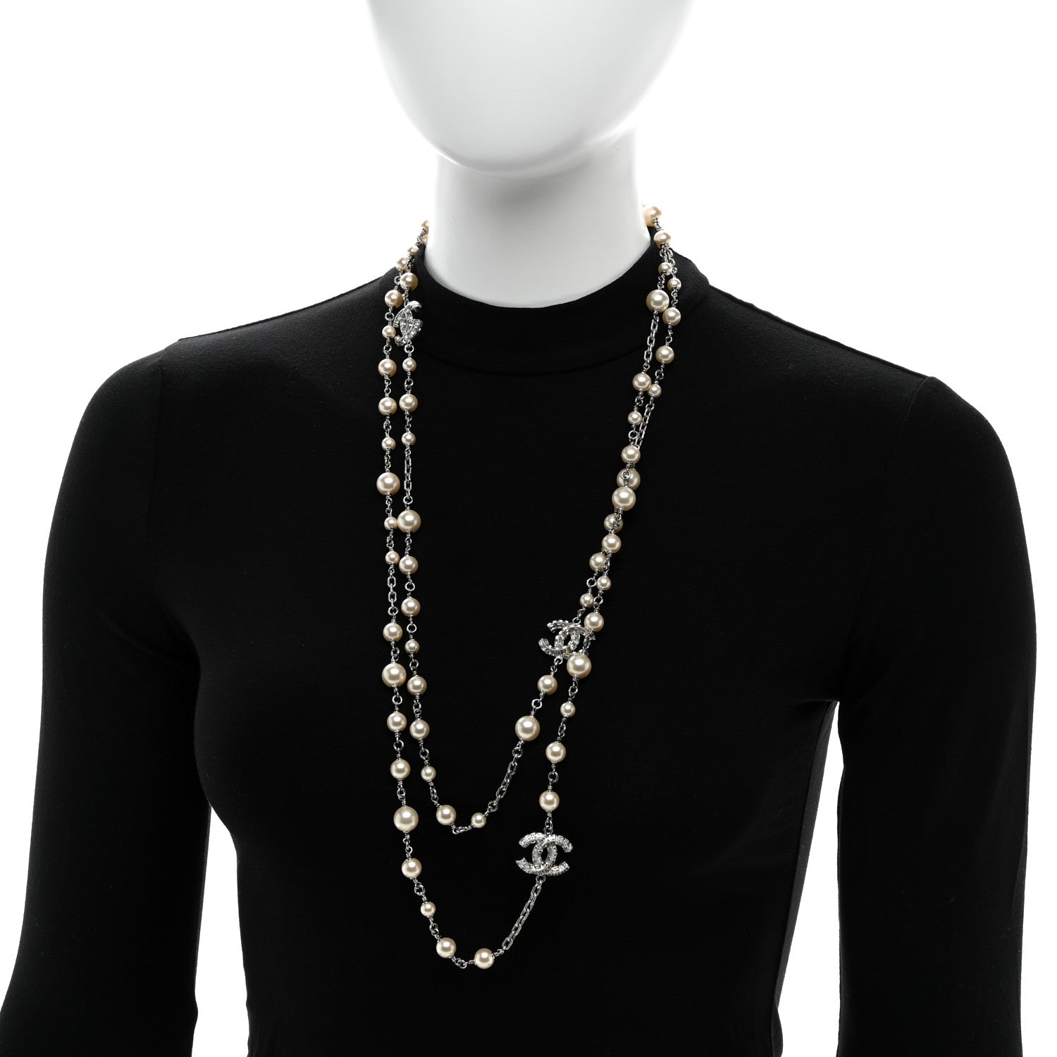 Chanel Pearl Baguette Crystal CC Long Necklace Silver 2 of 6