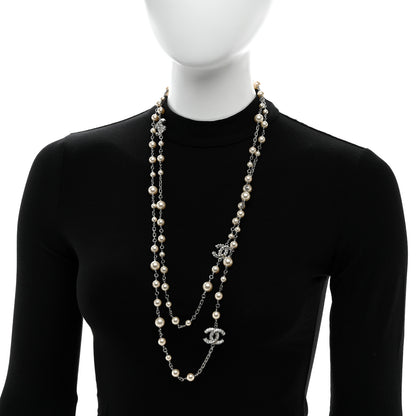 Chanel Pearl Baguette Crystal CC Long Necklace Silver 2 of 6