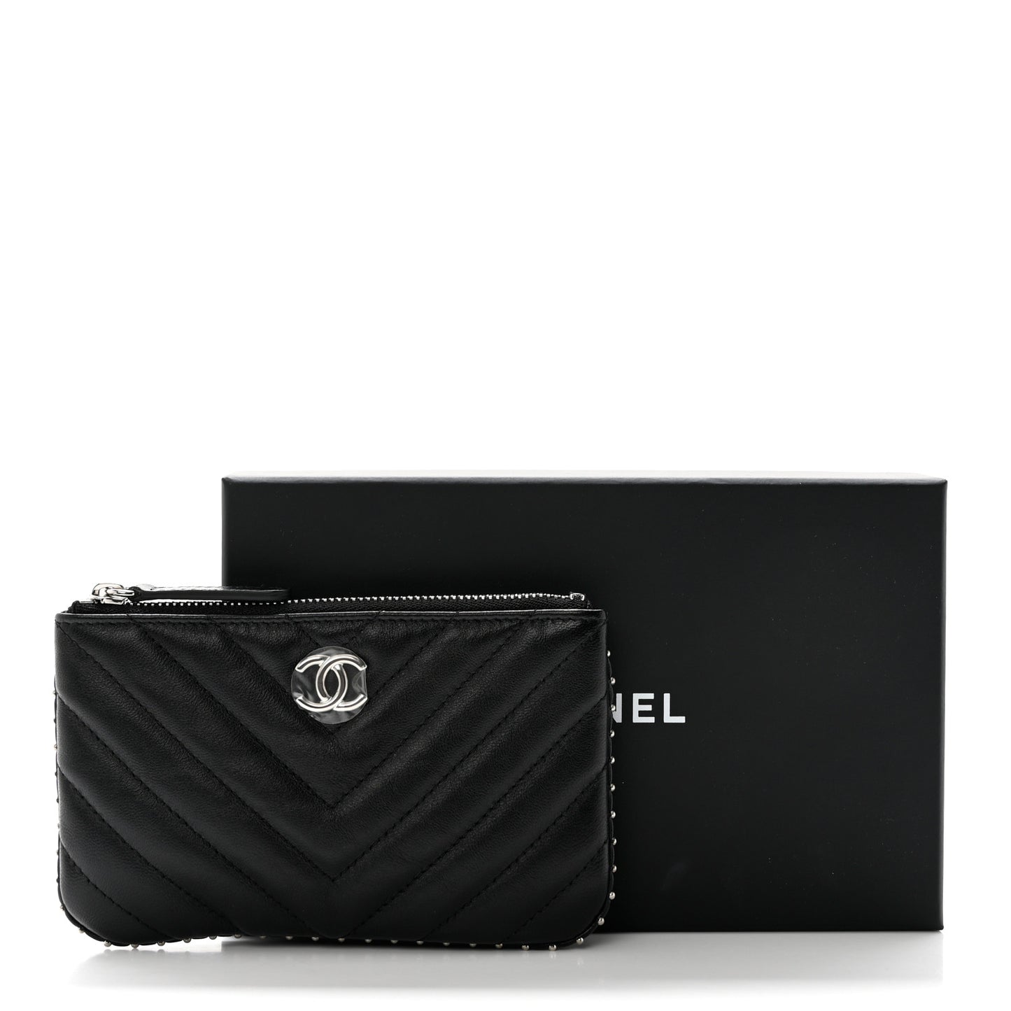 Lambskin Chevron Quilted Studded Small Cosmetic Case Black