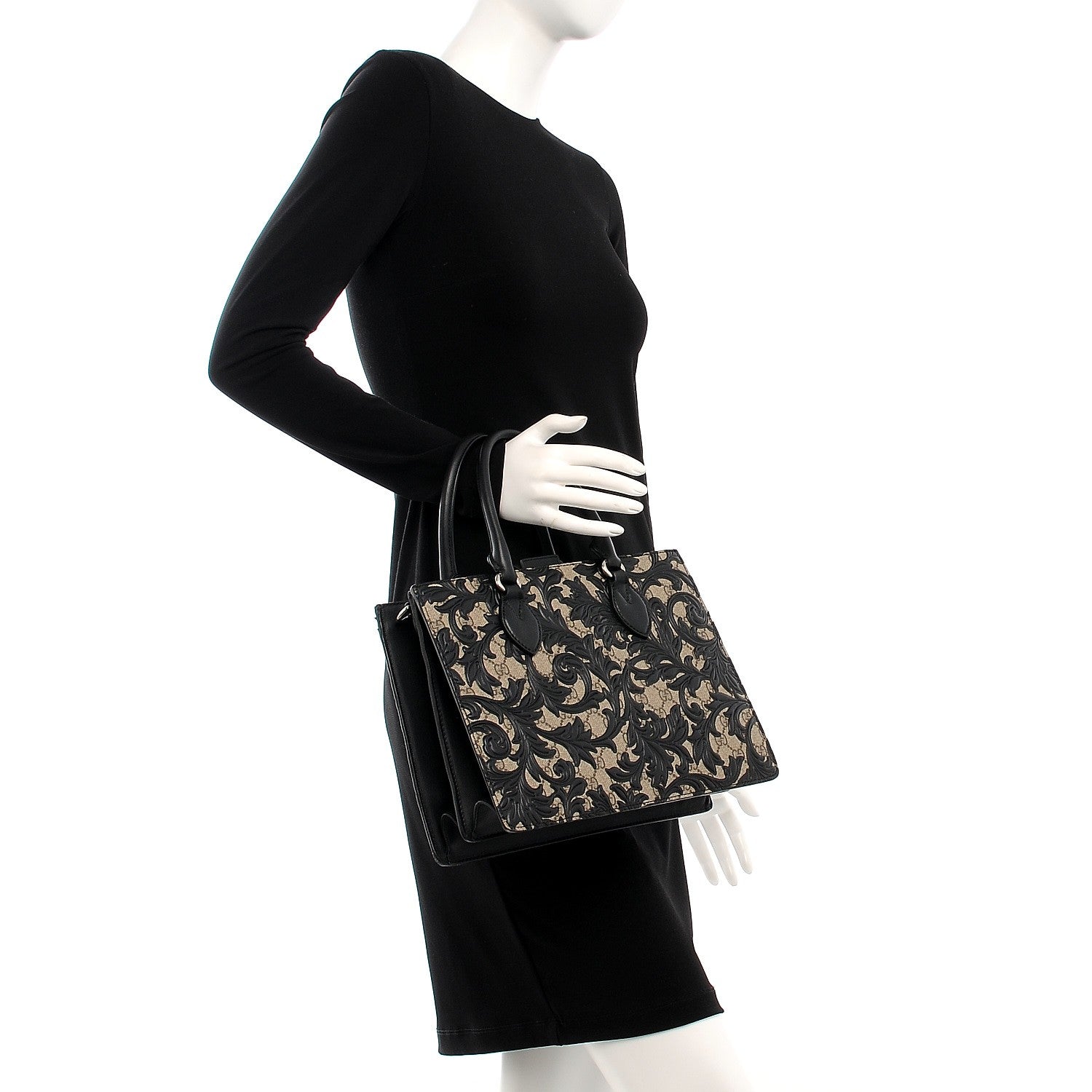 Gucci GG Supreme Monogram Arabesque Small Top Handle Bag Beige Black 3 of 8