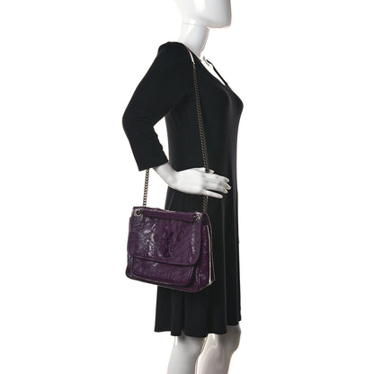 Saint Laurent Crinkled Calfskin Matelasse Monogram Medium Niki Chain Satchel Plum 2 of 12