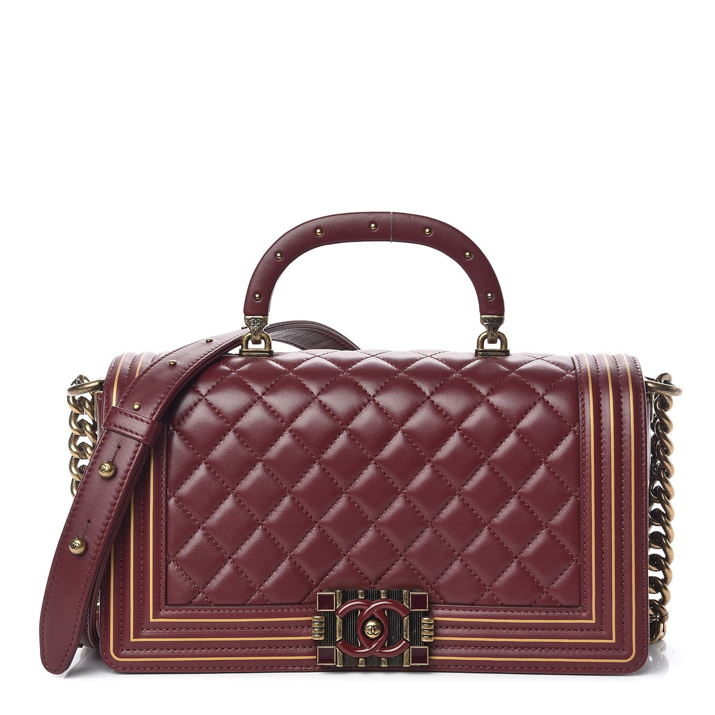 Lambskin Quilted Medium Boy Studded Handle Flap Burgundy Gold