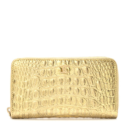 Chanel Metallic Calfskin Crocodile Embossed Small Zip Wallet Gold 1 of 14
