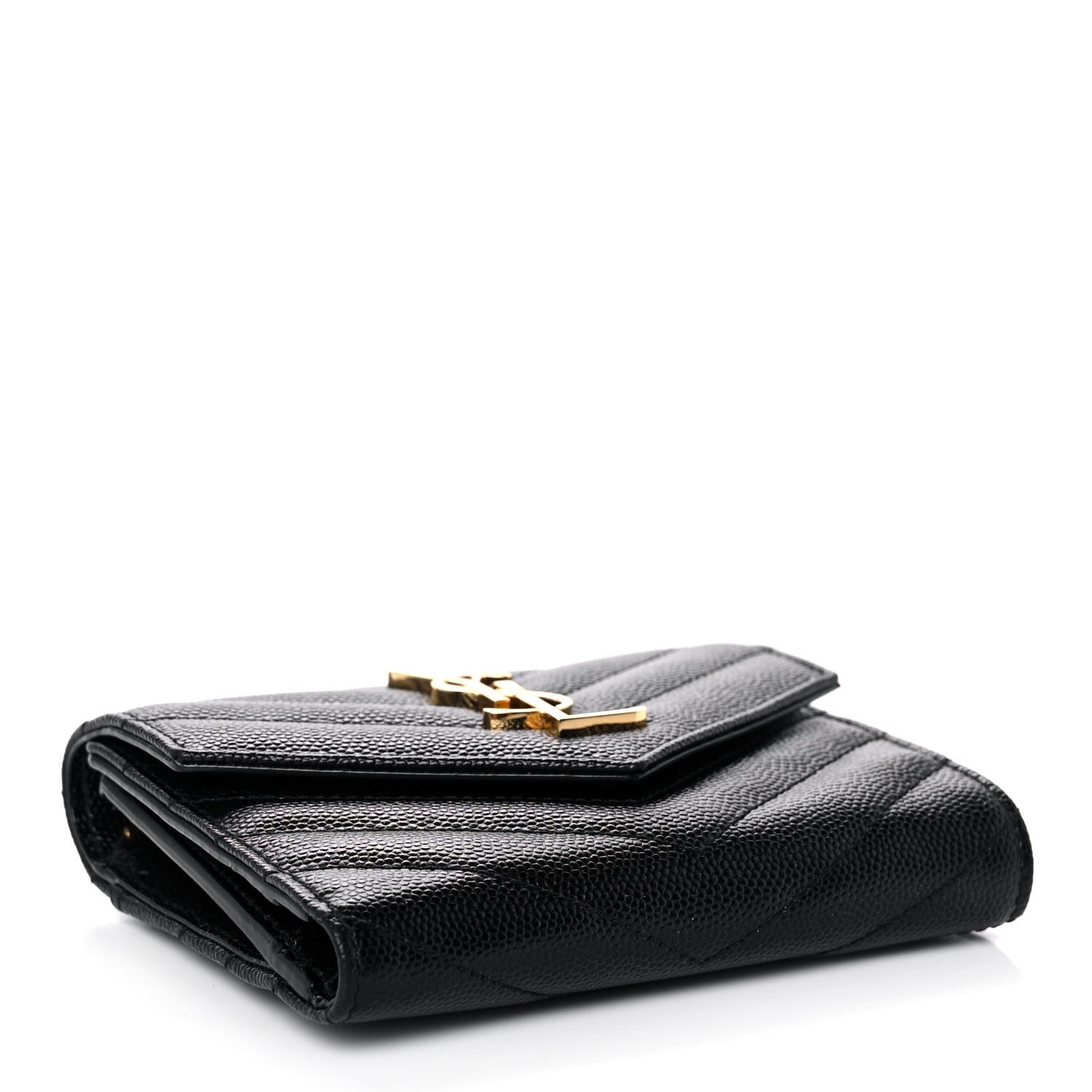 Saint Laurent Grain De Poudre Matelasse Chevron Monogram Compact Tri Fold Wallet Black 4 of 12
