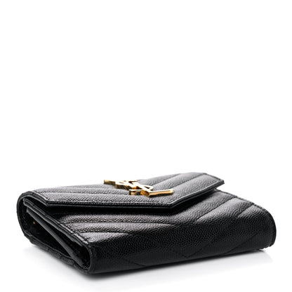 Saint Laurent Grain De Poudre Matelasse Chevron Monogram Compact Tri Fold Wallet Black 4 of 12