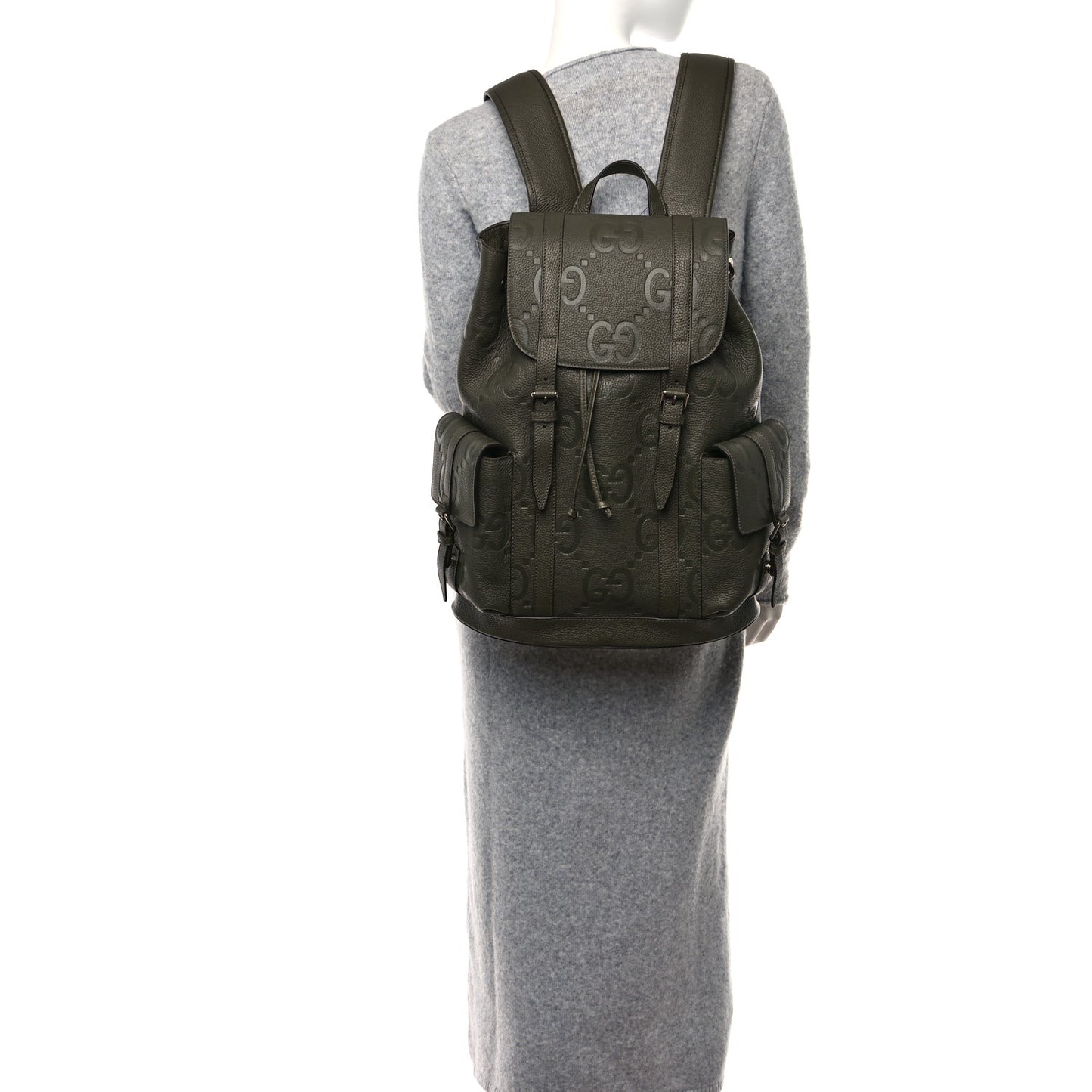 Piuma Calfskin Jumbo GG Embossed Double Buckle Backpack Dark Vintage Olive