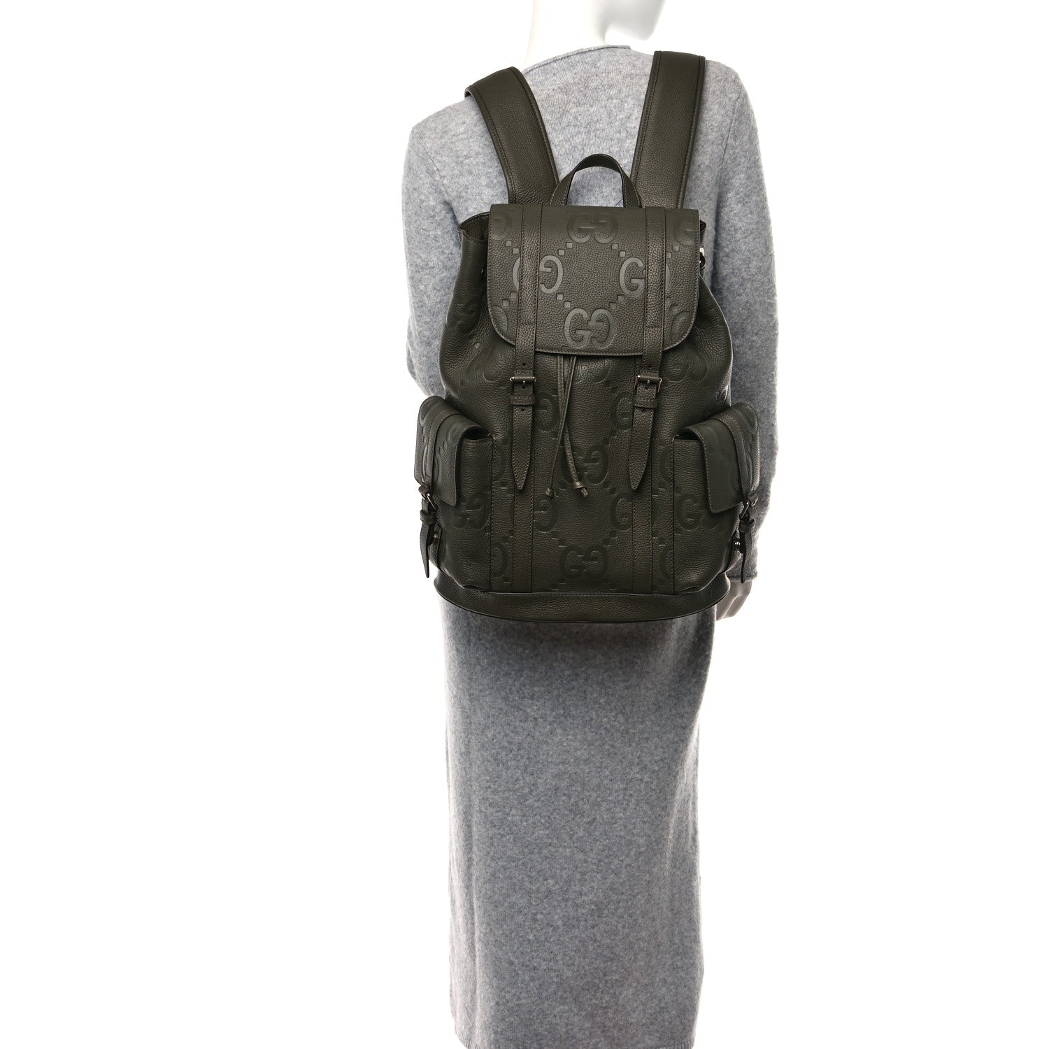 Gucci Piuma Calfskin Jumbo GG Embossed Double Buckle Backpack Dark Vintage Olive 2 of 9