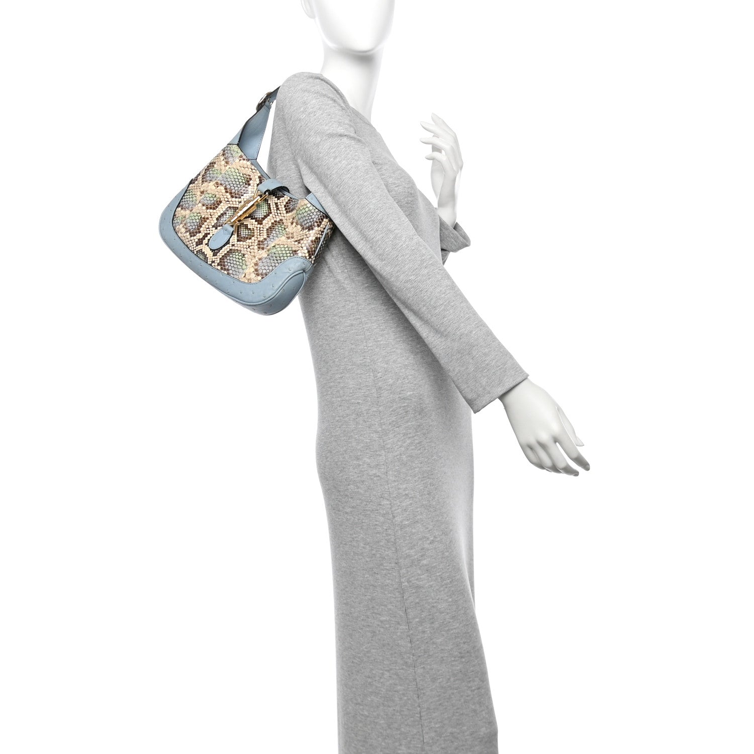 Gucci Snakeskin Ostrich Calfskin Small Jackie 1961 Hobo Blue Multicolor 2 of 10