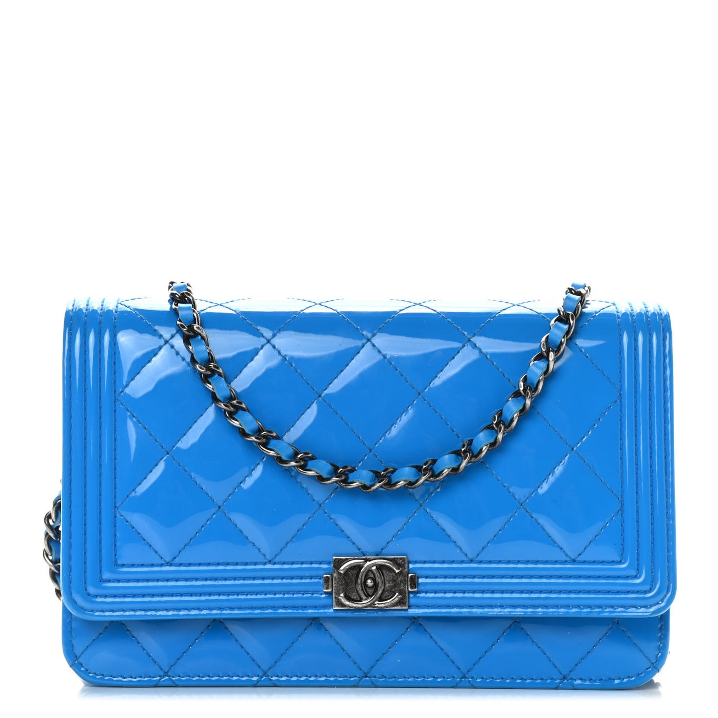Patent Calfskin Quilted Boy Wallet On Chain WOC Blue