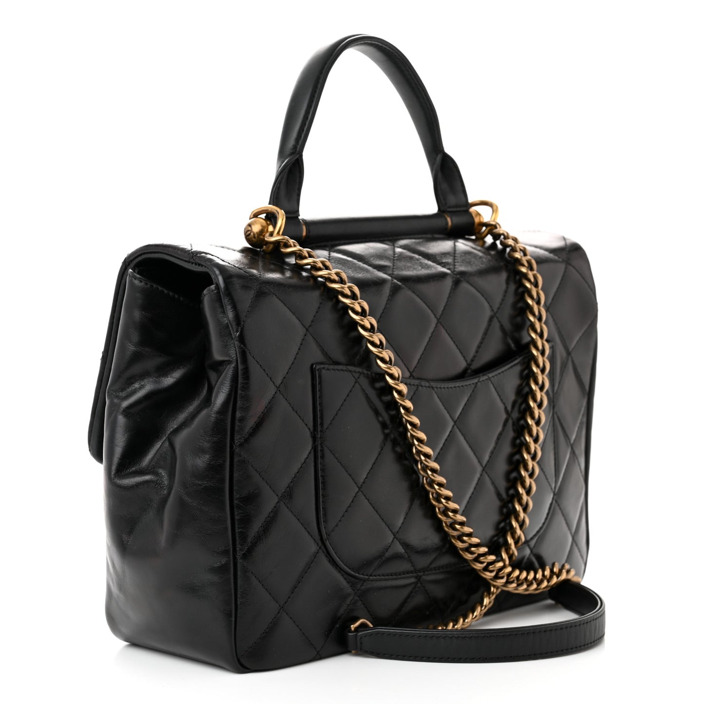 Calfskin Quilted Large Gold Bar Top Handle Flap Black