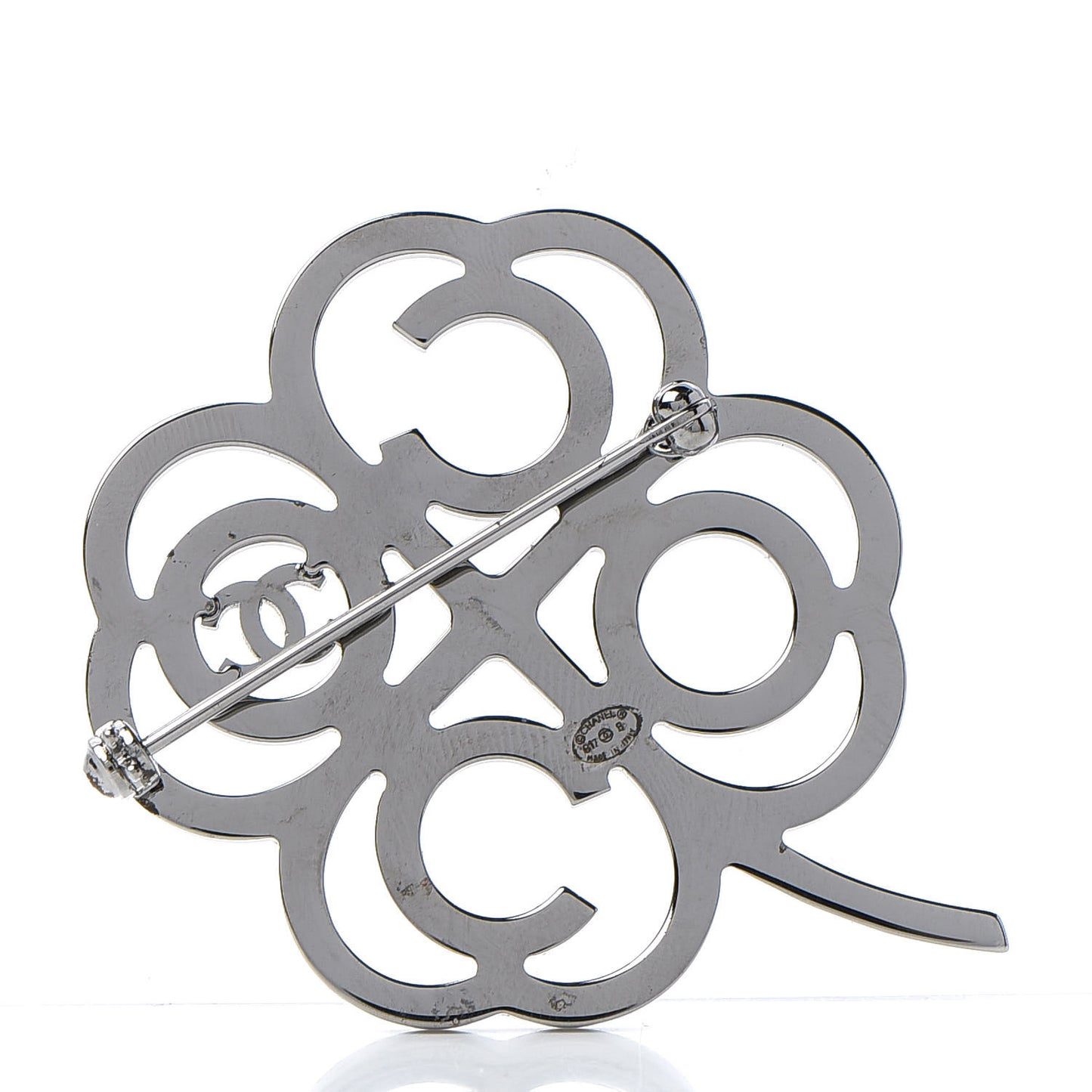 Metal Strass Clover CC Brooch Pink Ruthenium