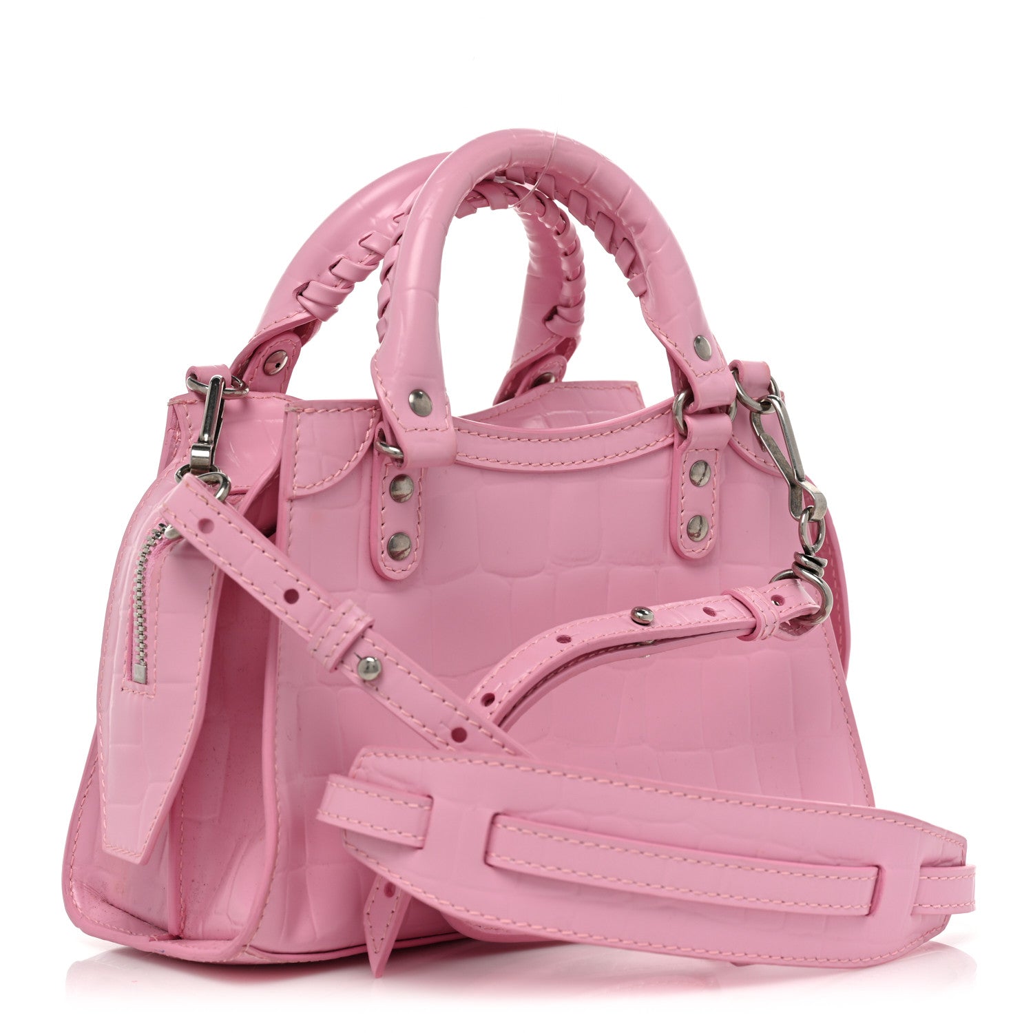 Balenciaga Semi Shiny Calfskin Crocodile Embossed Neo Classic Silver Hardware Mini City Pink 3 of 16