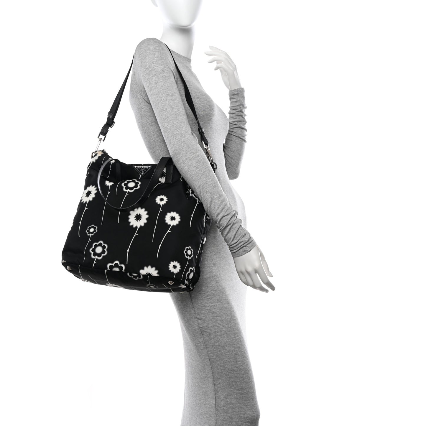 Tessuto Stampato Nylon Saffiano Floral Print Tote Black White