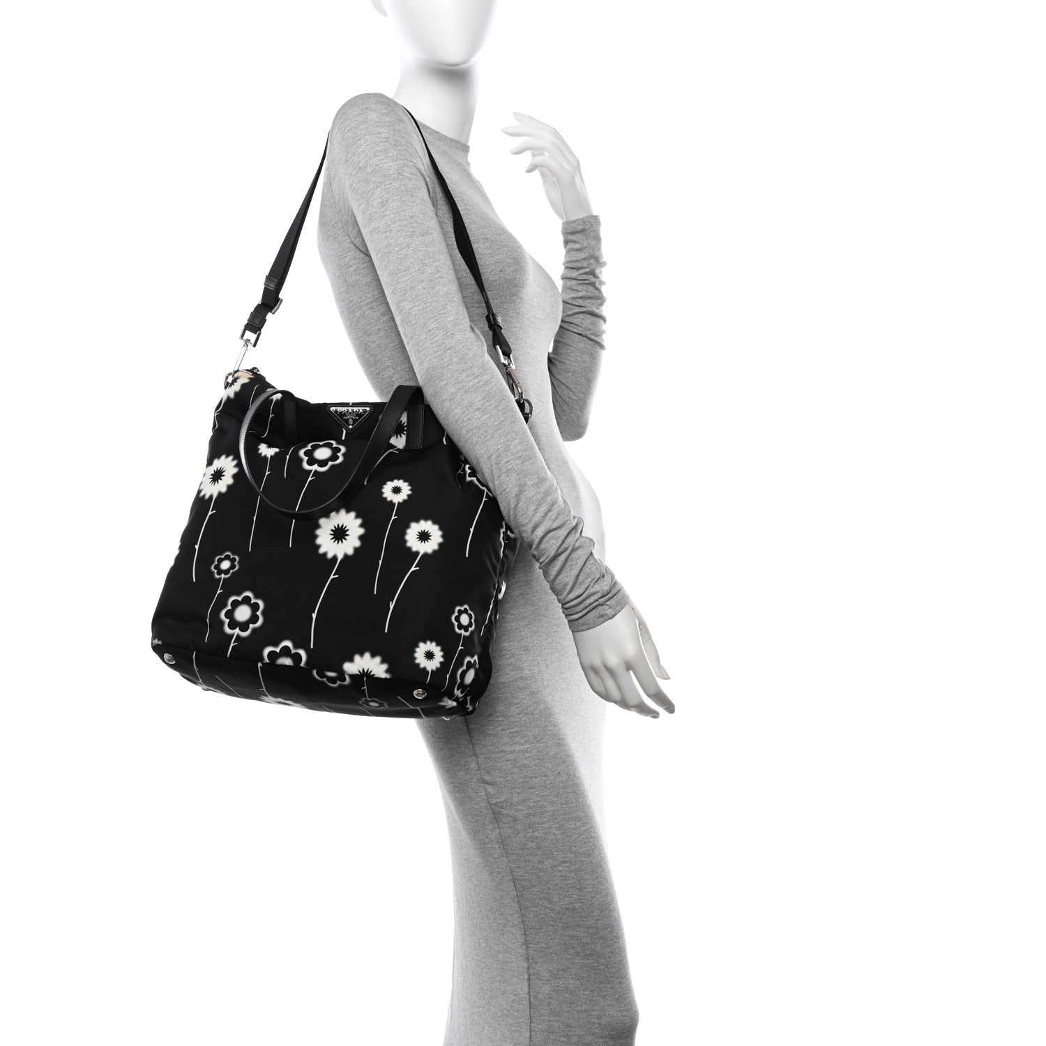 Prada Tessuto Stampato Nylon Saffiano Floral Print Tote Black White 2 of 12