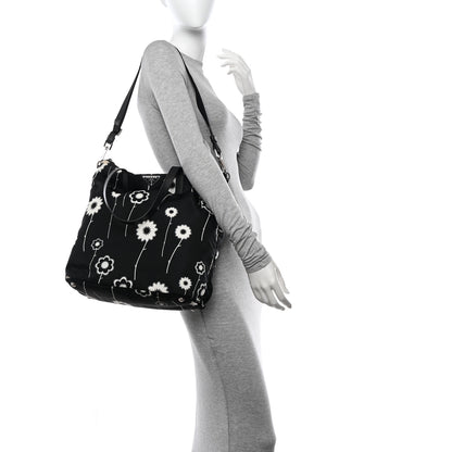Prada Tessuto Stampato Nylon Saffiano Floral Print Tote Black White 2 of 12