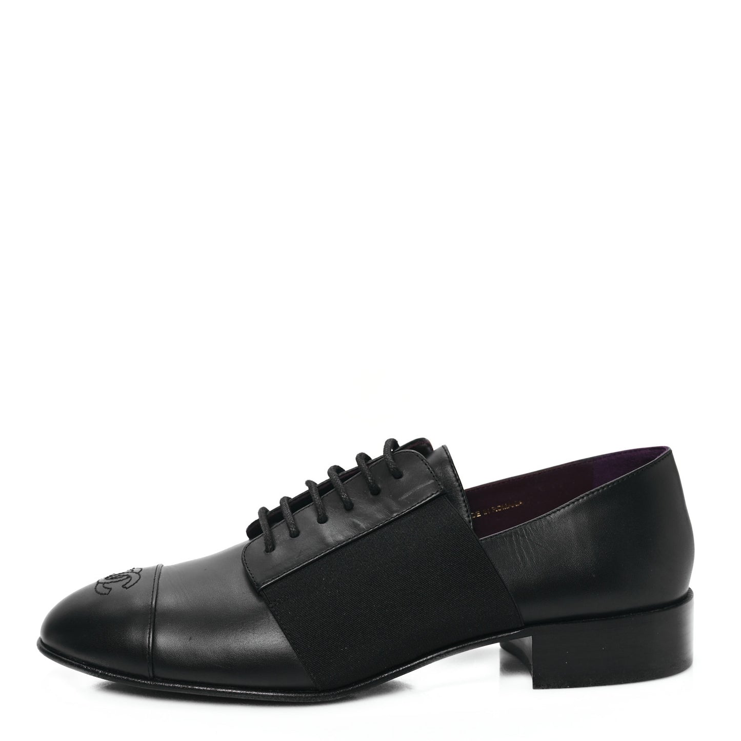 Calfskin Elastic Lace Up Cap Toe CC Loafers 38.5 Black