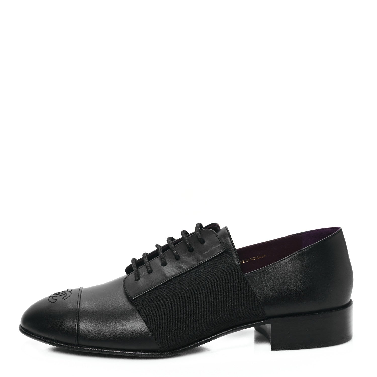 Chanel Calfskin Elastic Lace Up Cap Toe CC Loafers 38.5 Black 1 of 10