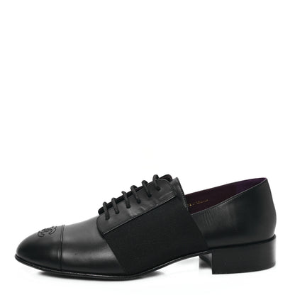Chanel Calfskin Elastic Lace Up Cap Toe CC Loafers 38.5 Black 1 of 10