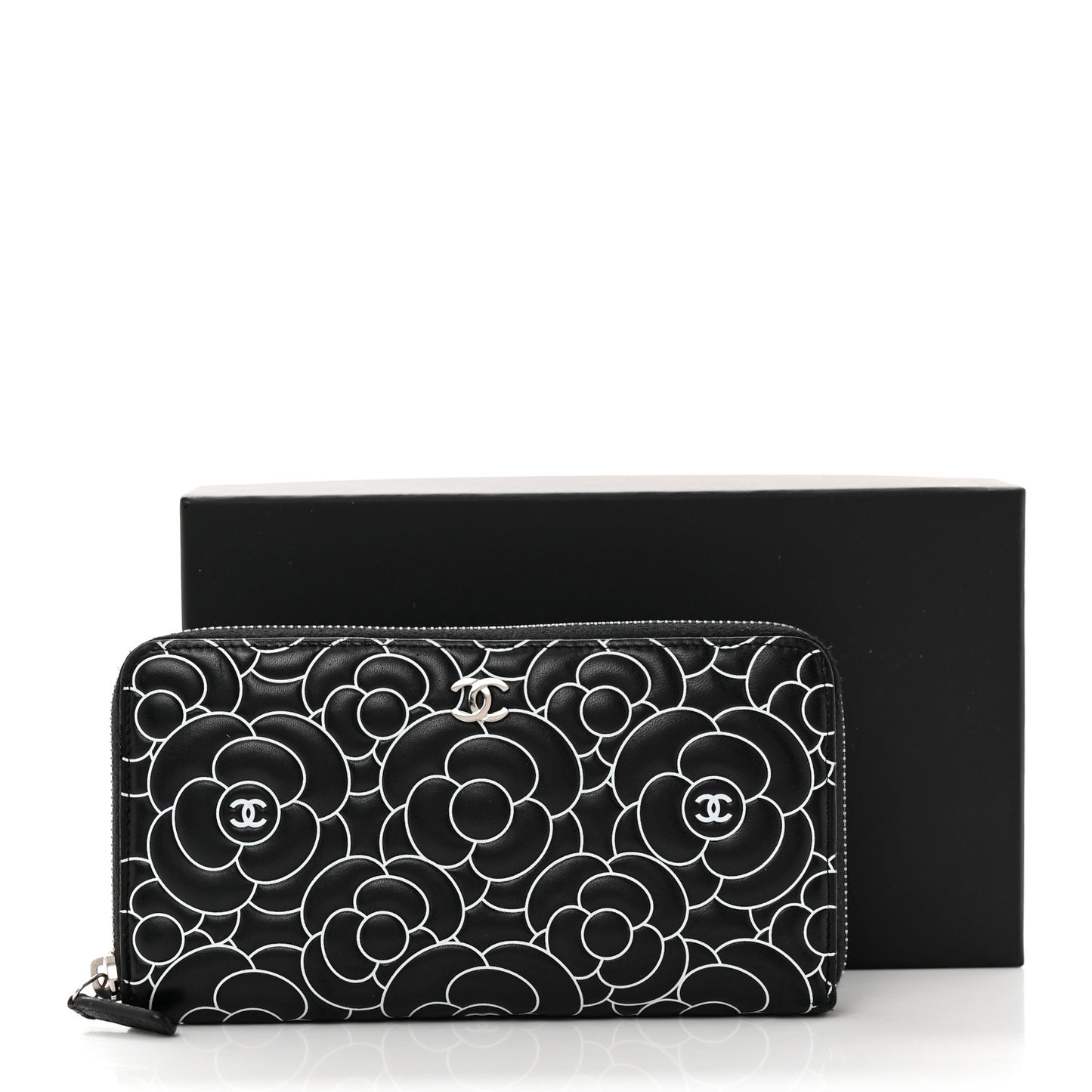 Lambskin Camellia Embossed Large Zip Around Gusset Wallet Black White
