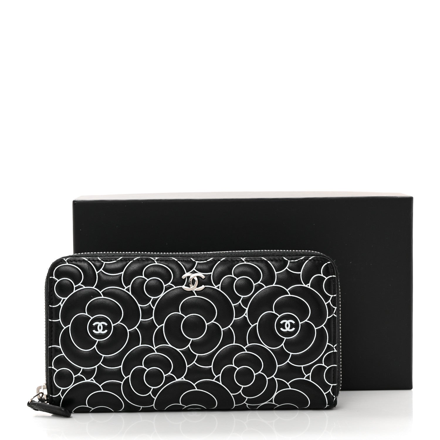 Chanel Lambskin Camellia Embossed Large Zip Around Gusset Wallet Black White 10 of 11