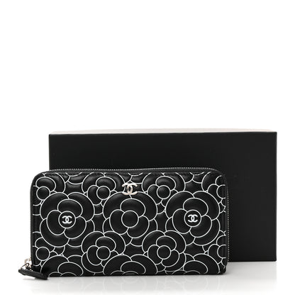 Chanel Lambskin Camellia Embossed Large Zip Around Gusset Wallet Black White 10 of 11