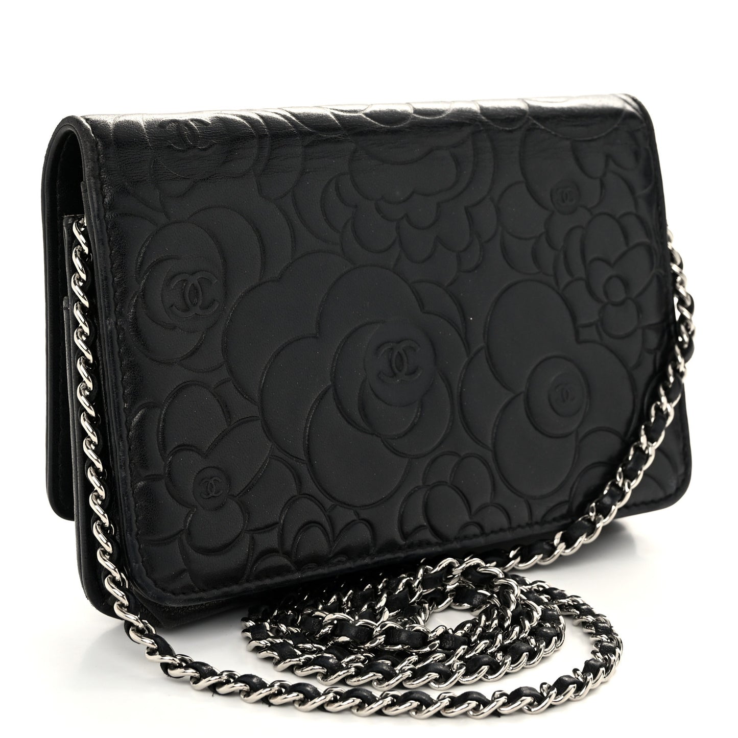 Lambskin Camellia Embossed Wallet On Chain WOC Black