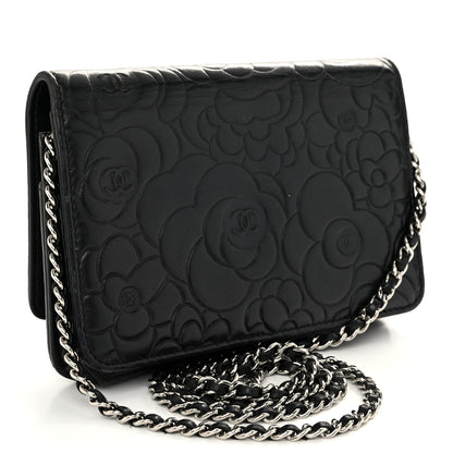 Chanel Lambskin Camellia Embossed Wallet On Chain WOC Black 3 of 11
