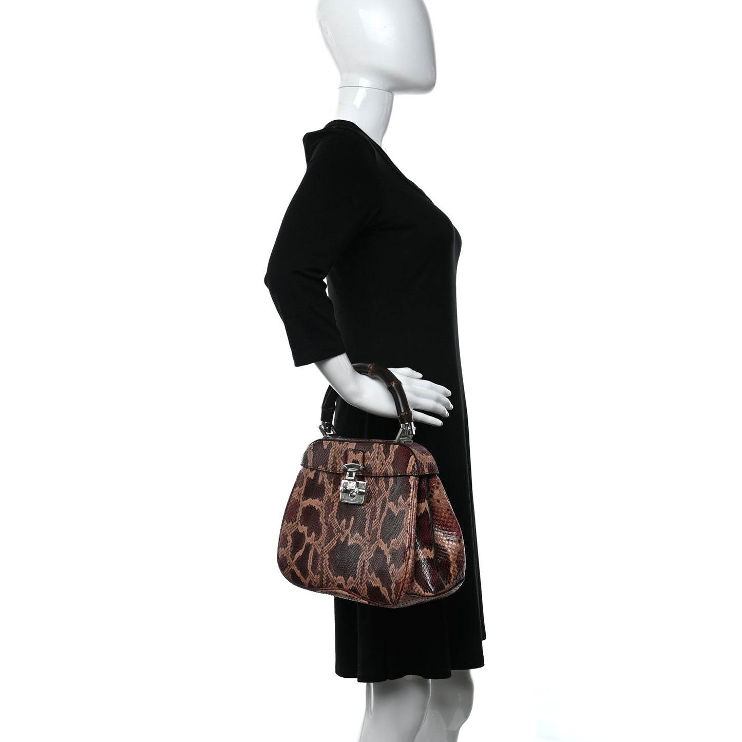 Snakeskin Bamboo Medium Lady Lock Top Handle Bag Burgundy
