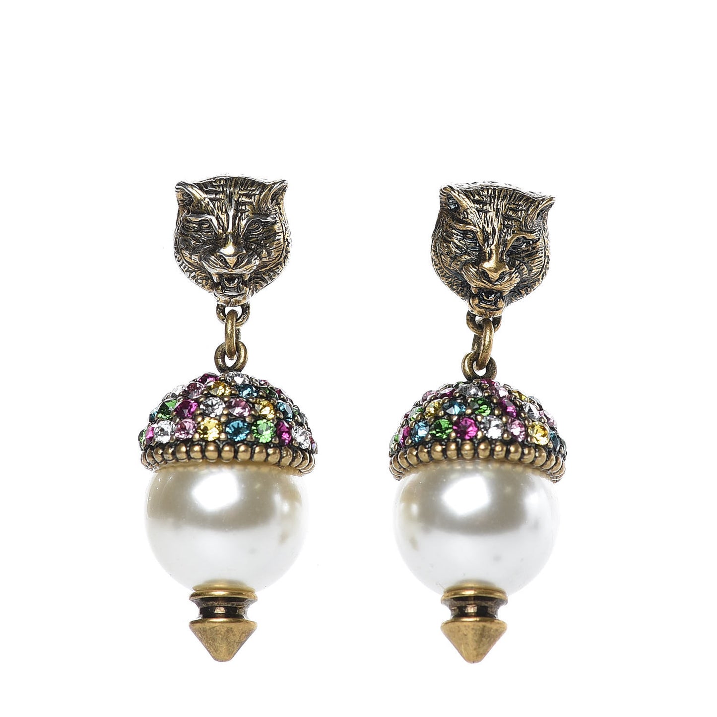 Metal Crystal Pearl Feline Earrings Aged Gold