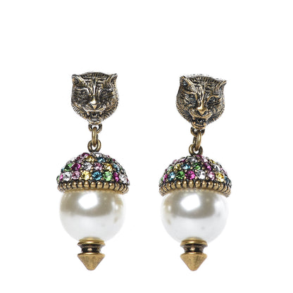 Gucci Metal Crystal Pearl Feline Earrings Aged Gold 1 of 4