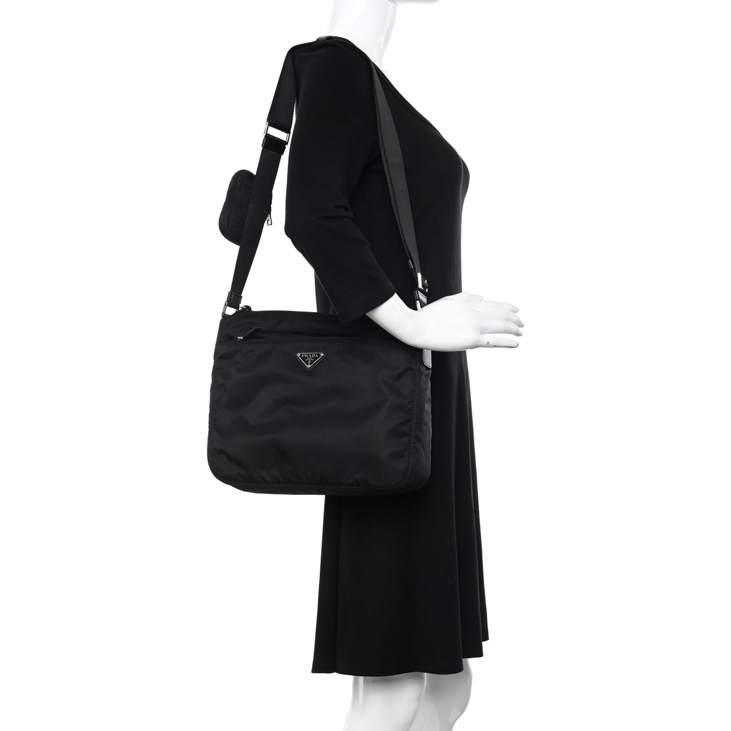 Re-Nylon Vela Saffiano Pocket Double Zip Messenger Bag Black