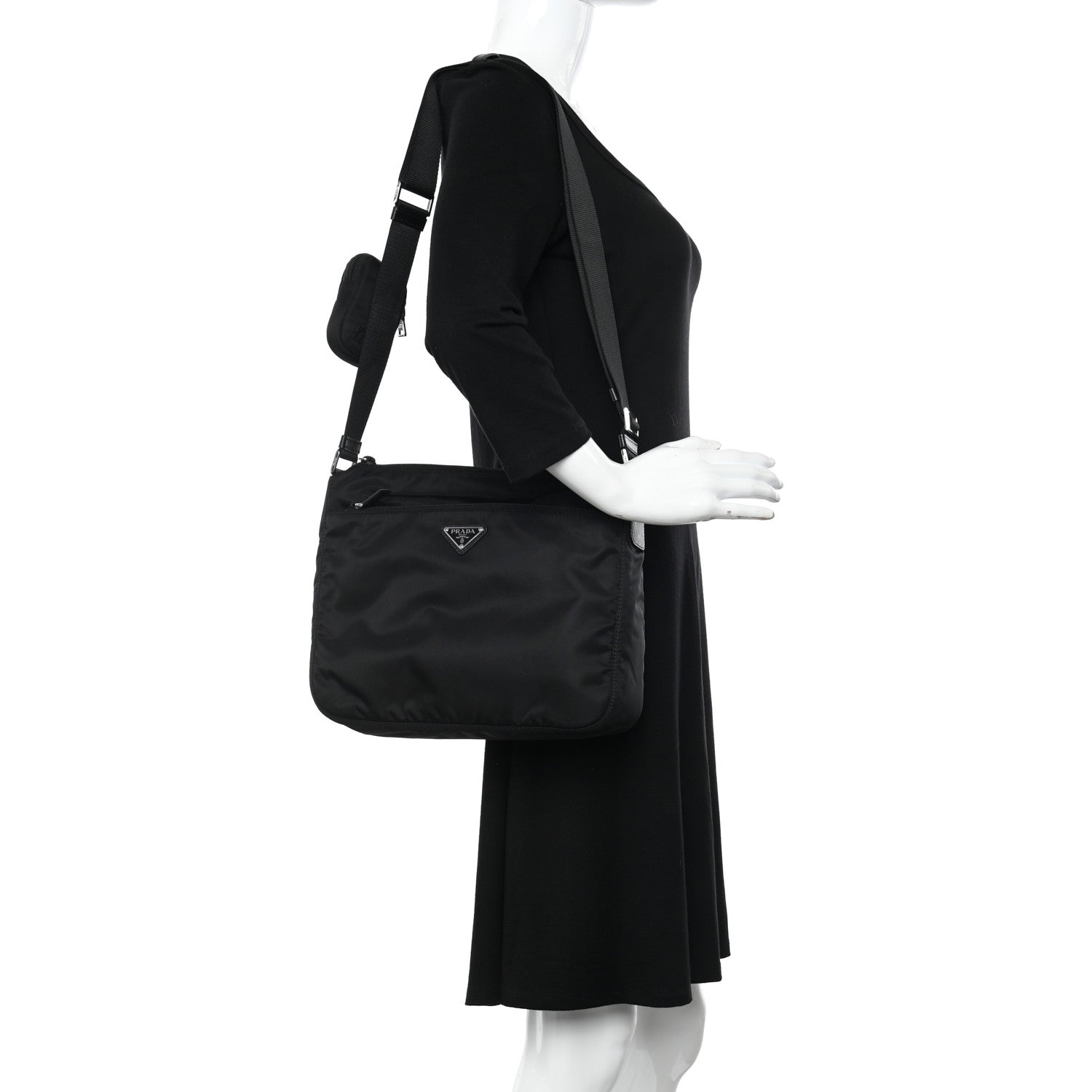 Prada Re-Nylon Vela Saffiano Pocket Double Zip Messenger Bag Black 2 of 9