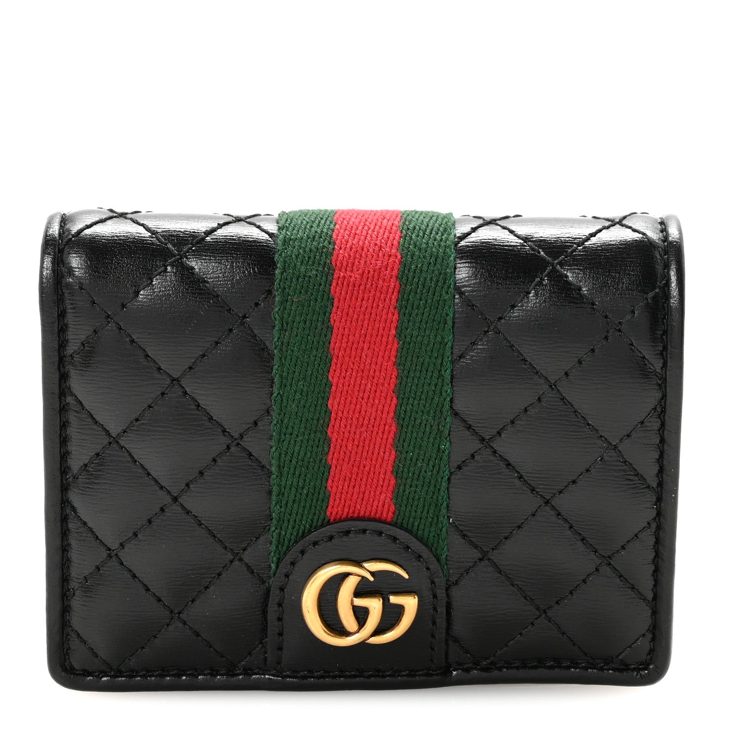 Gucci Calfskin Web Trapuntata GG Marmont Card Case Wallet Black 1 of 8