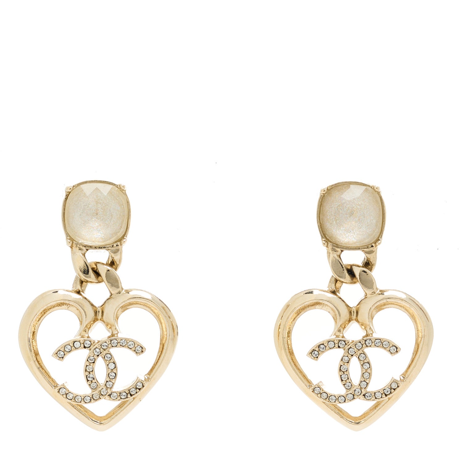 Chanel Metal Strass CC Heart Drop Earrings Gold 1 of 4