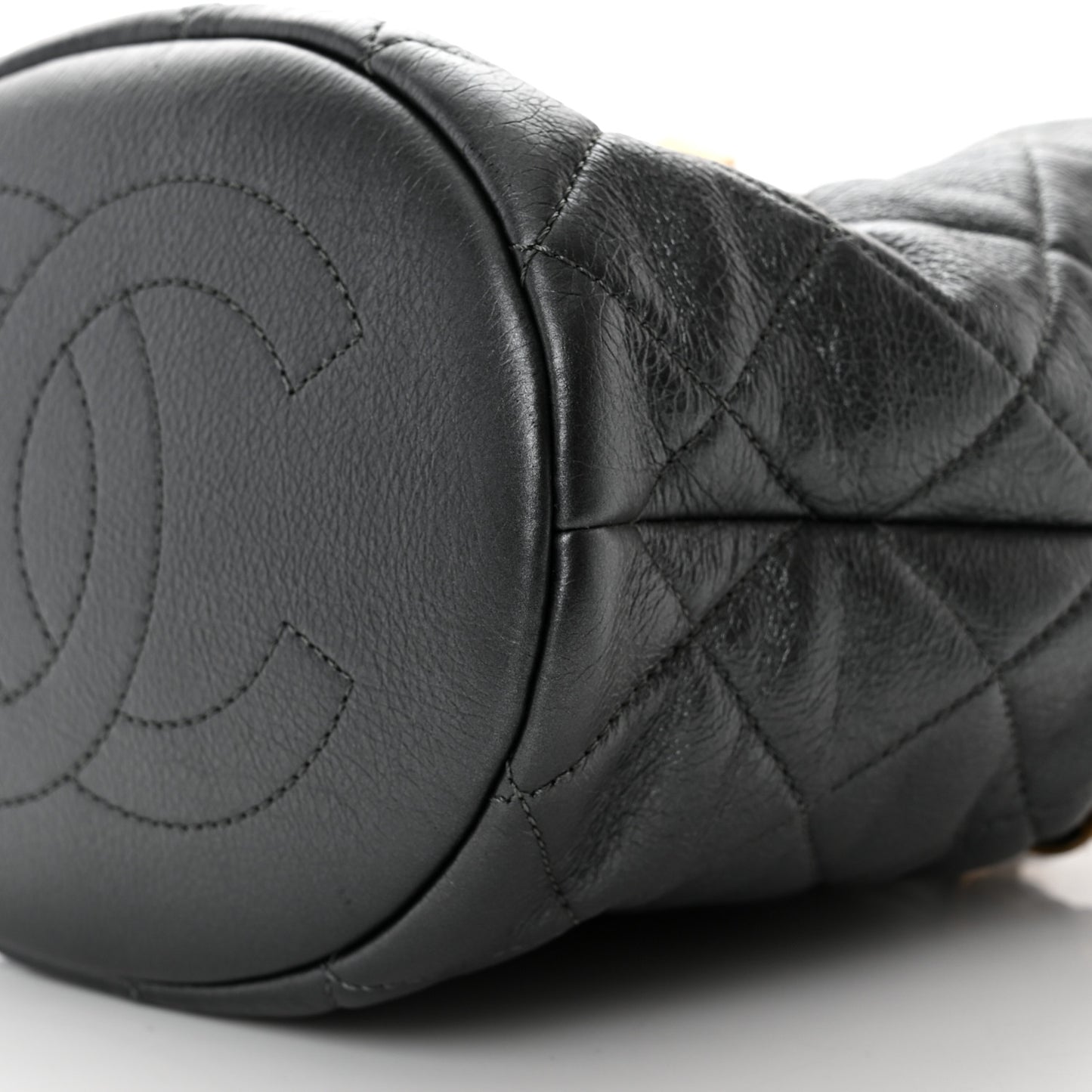 Metallic Lambskin Quilted Pearl Crown Drawstring Bag Anthracite