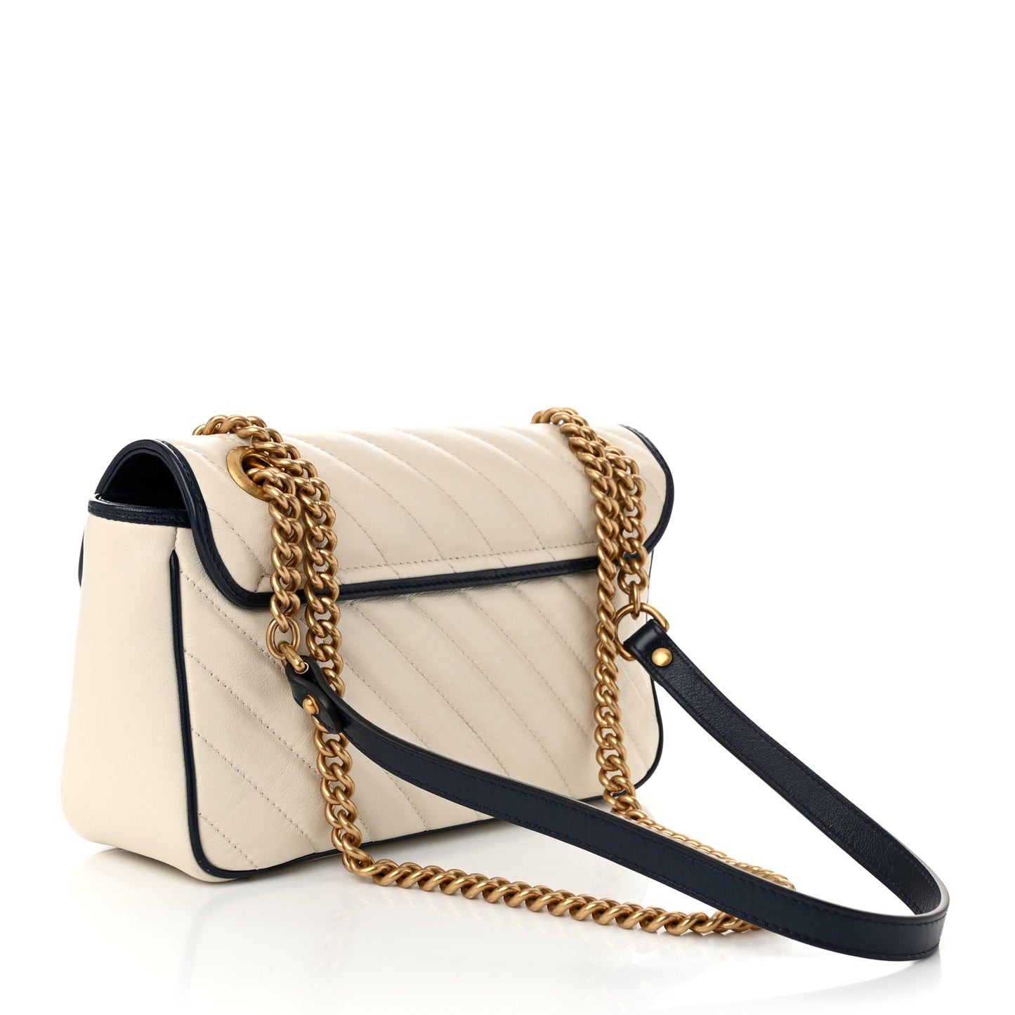 Vintage Effect Calfskin Matelasse Diagonal Small Torchon GG Marmont Shoulder Bag Mystic White Blue Agata